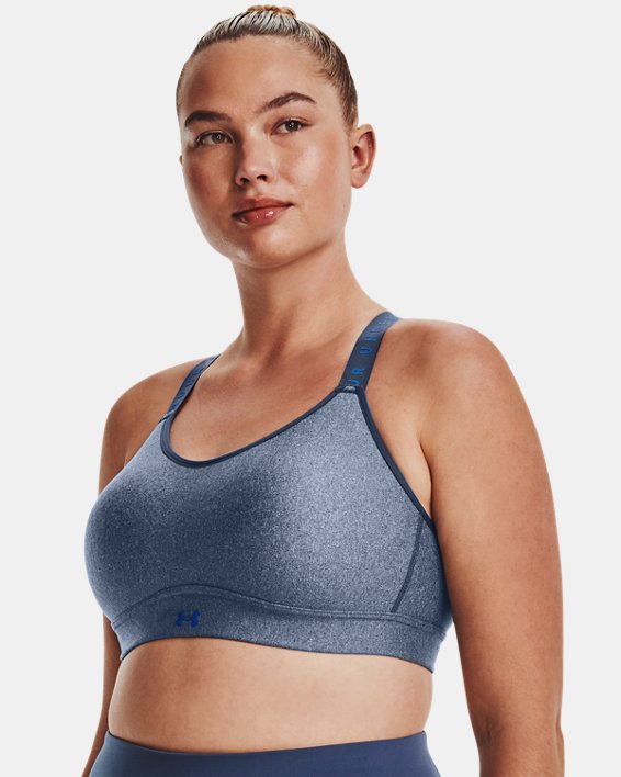 Women's UA Infinity Mid Heather Cover Sports Bra in Blue image number 4